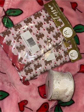 Marshalls Pink Gingerbread Print Gift Wrap Set with Cream Decorative Ribbon